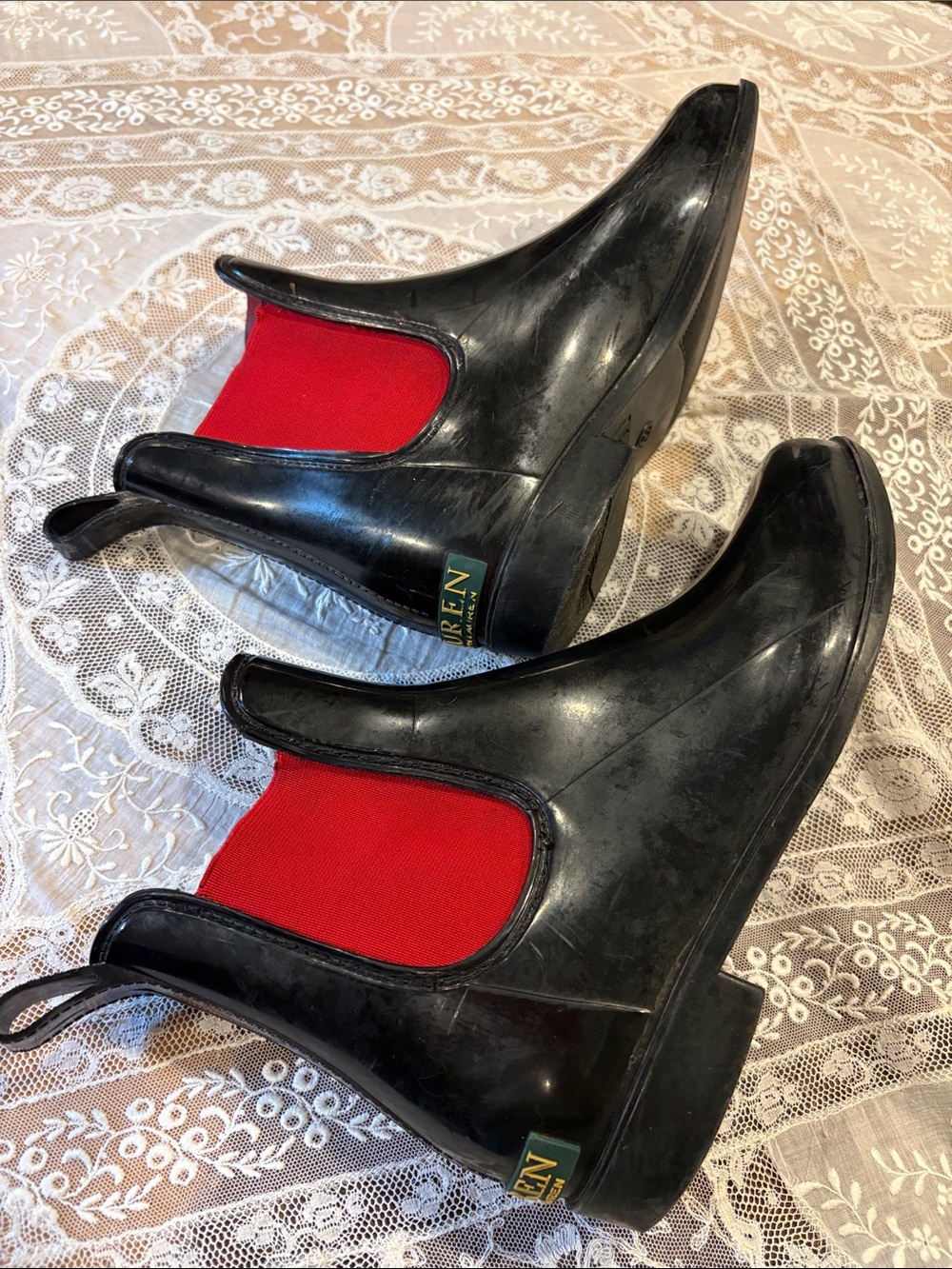 Lauren Ralph Lauren Black Rubber Chelsea Rain Ankle Boots with Red Panels